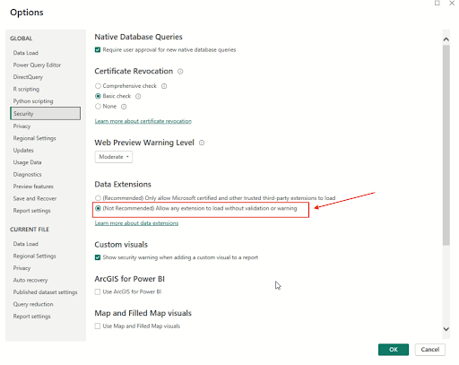 Power BI Desktop Security settings showing the Data Extensions option